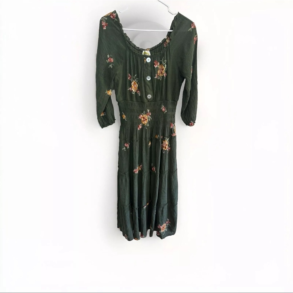 Anthropology Fig And Flower Maxi Dress Womens Size Medium Green Embroidered